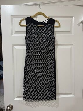 Diane von Furstenberg Black Sleeveless Mesh Overlay Dress Silver Lattice Detail